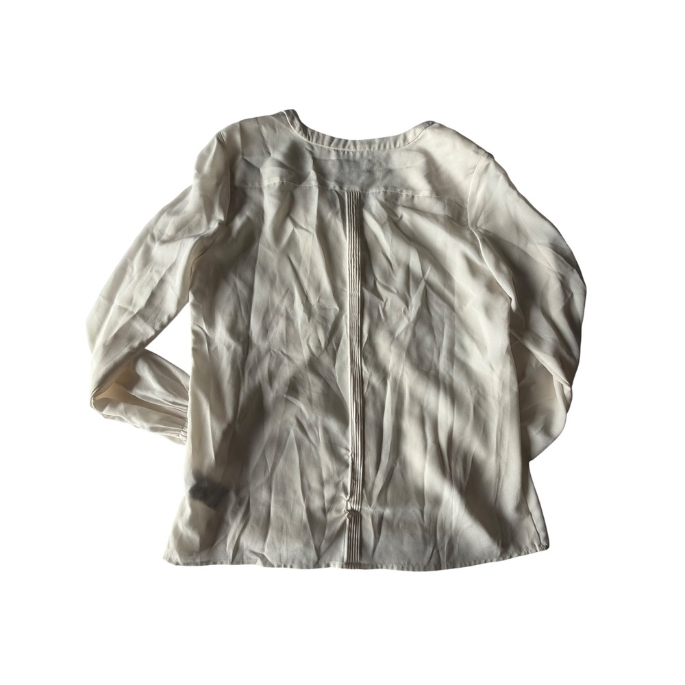Cream Pleated V-Neck Blouse Smocked Cuff White Top Size 2 - Picture 7 of 10